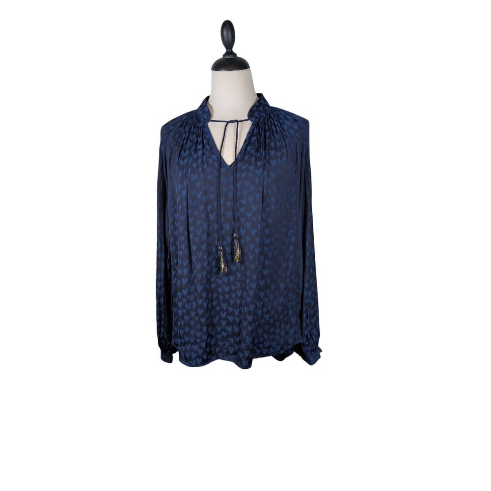 Crown & Ivy Medium Peasant Blouse Tunic Blue with Blue Hearts Ties with Tassels
